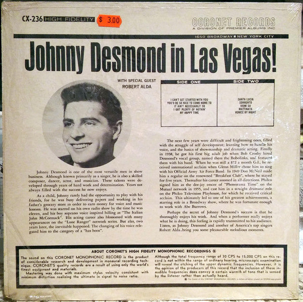 Johnny Desmond With Special Guest Robert Alda : Johnny Desmond In Las Vegas! (LP, Album, Mono)