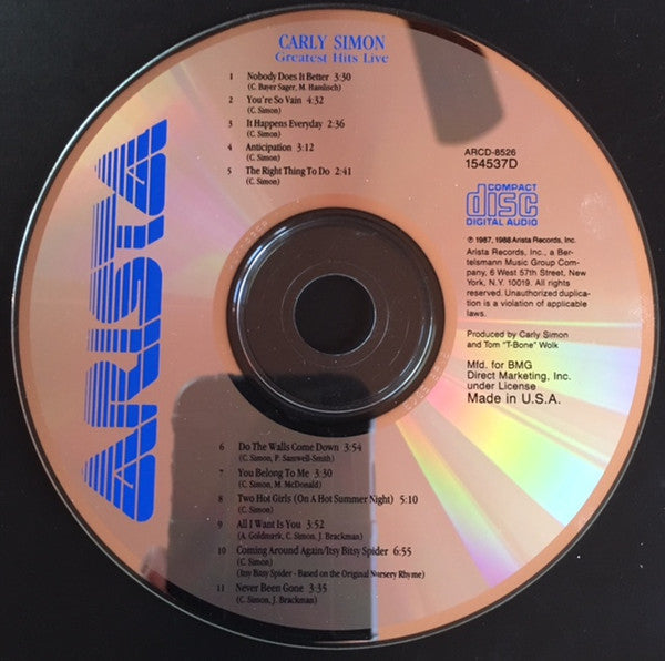Carly Simon : Greatest Hits Live (CD, Album, Club)