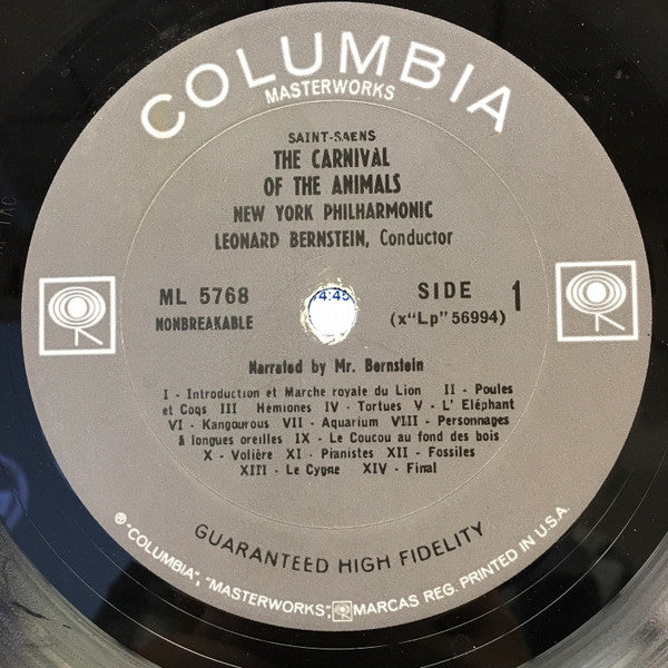 Leonard Bernstein / The New York Philharmonic Orchestra - Camille Saint-Saëns / Benjamin Britten : Carnival Of The Animals/The Young Person's Guide To The Orchestra (LP, Album, Mono, San)