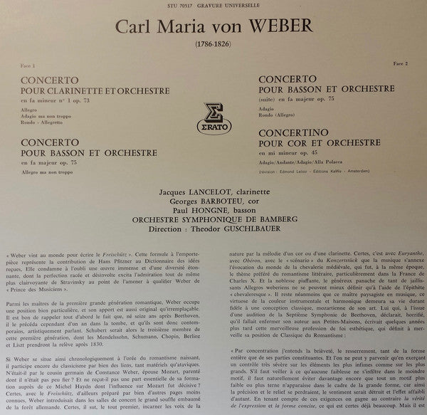 Carl Maria von Weber - Jacques Lancelot - Paul Hongne - Georges Barboteu - Bamberger Symphoniker, Theodor Guschlbauer : Trois Concertos (LP, Gat)