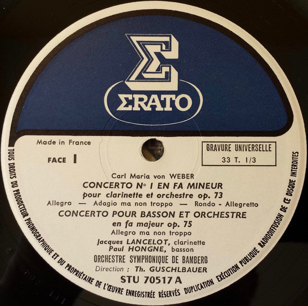 Carl Maria von Weber - Jacques Lancelot - Paul Hongne - Georges Barboteu - Bamberger Symphoniker, Theodor Guschlbauer : Trois Concertos (LP, Gat)