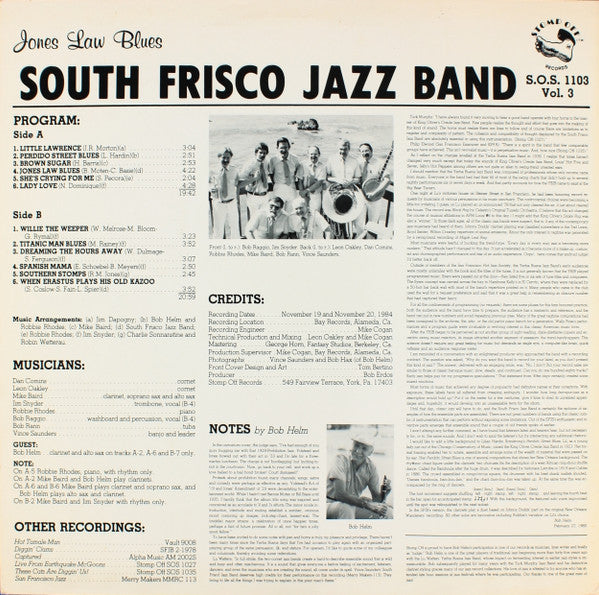 South Frisco Jazz Band ,with Special Guest Bob Helm : Jones Law Blues  (LP, Album)