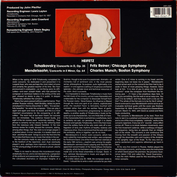 Jascha Heifetz, Pyotr Ilyich Tchaikovsky, Fritz Reiner / The Chicago Symphony Orchestra, Felix Mendelssohn-Bartholdy, Charles Munch / Boston Symphony Orchestra : Concerto In D · Concerto In E Minor (LP, Album, Comp, RE, RM)