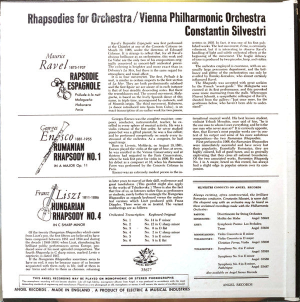 Constantin Silvestri, Wiener Philharmoniker, Franz Liszt / Maurice Ravel / George Enescu : Rhapsodies For Orchestra (LP, Album, Mono)