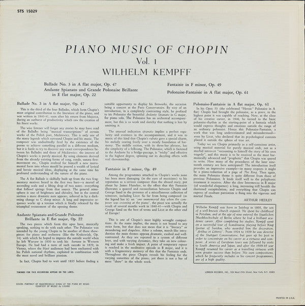Frédéric Chopin / Wilhelm Kempff : Piano Music Of Chopin Vol. I (LP, Album, RE, RP)
