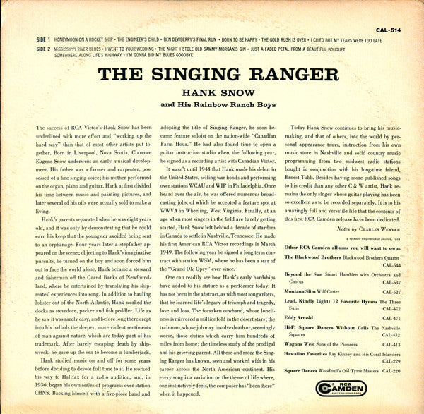 Hank Snow And His The Rainbow Ranch Boys : The Singing Ranger (LP, Mono)