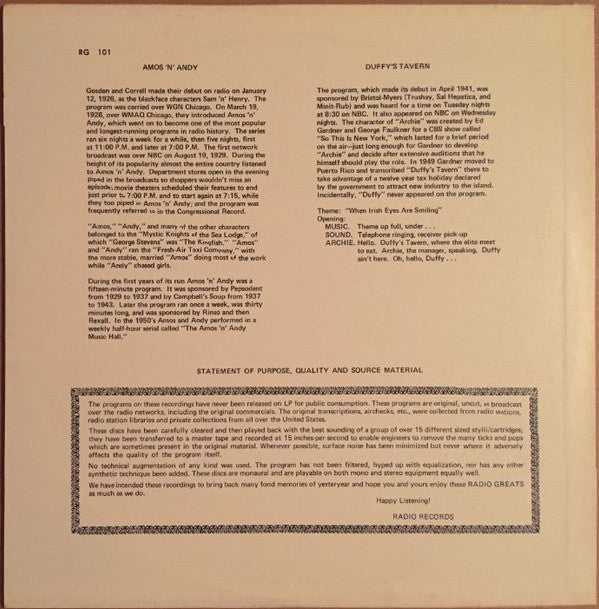 Amos 'N Andy, Ed Gardner : Radio Greats Vol. 1 (12", Album)