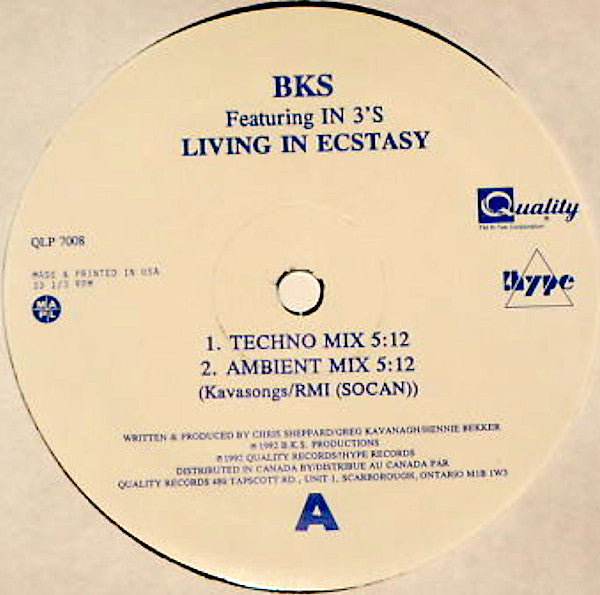 BKS Featuring In 3's : Living In Ecstasy (12")