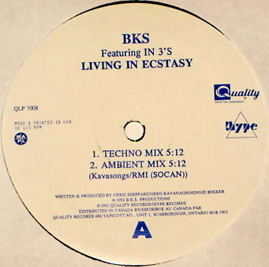 BKS Featuring In 3's : Living In Ecstasy (12")