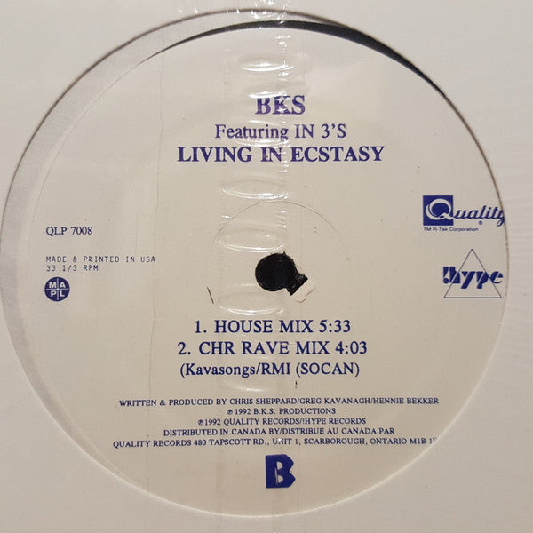 BKS Featuring In 3's : Living In Ecstasy (12")