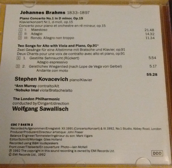 Johannes Brahms, Stephen Bishop-Kovacevich, Wolfgang Sawallisch : Piano Concerto No. 1 - Two Songs, Op. 91 (CD, Album)