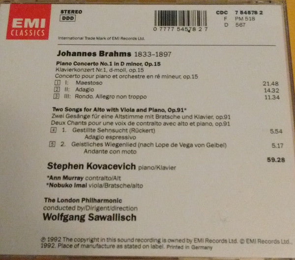 Johannes Brahms, Stephen Bishop-Kovacevich, Wolfgang Sawallisch : Piano Concerto No. 1 - Two Songs, Op. 91 (CD, Album)