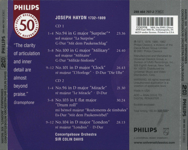 Joseph Haydn / Concertgebouworkest, Sir Colin Davis : 6 "London" Symphonies (2xCD, Comp, Club, RE, RM)