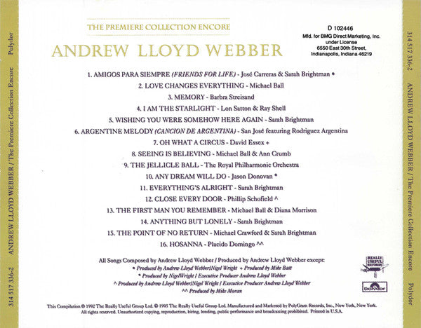 Various, Andrew Lloyd Webber : Andrew Lloyd Webber: The Premiere Collection Encore (CD, Comp, Club)