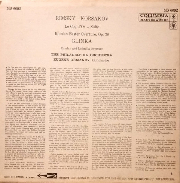 Nikolai Rimsky-Korsakov, The Philadelphia Orchestra, Eugene Ormandy : Le Coq d' Or:  Russian Easter Overture / Russlan And Ludmilla Overture (LP, Album)