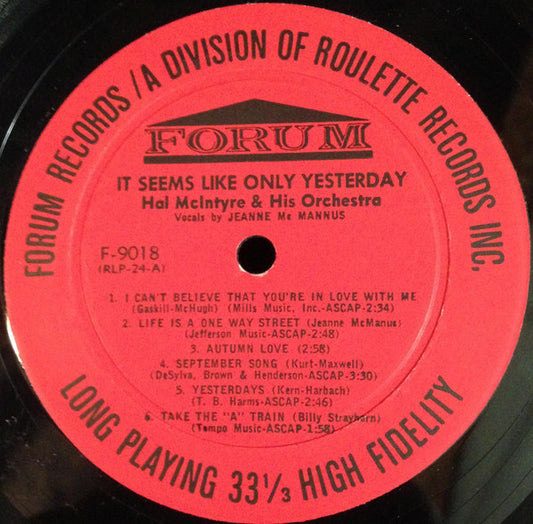 Hal McIntyre And His Orchestra : It Seems Like Only Yesterday (LP, Album, Mono)
