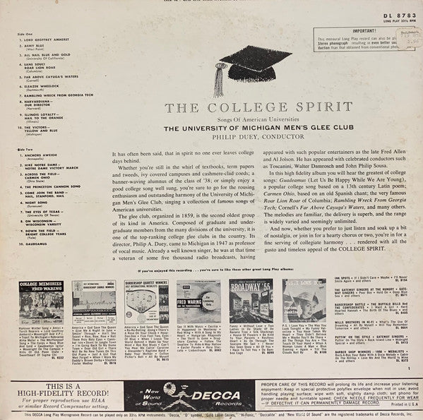 University Of Michigan Men's Glee Club : The College Spirit: Songs Of American Universities (LP, Album, Mono)