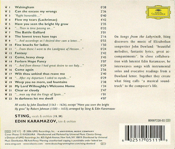 Sting, Edin Karamazov, John Dowland : Songs From The Labyrinth (CD, Album, UML)