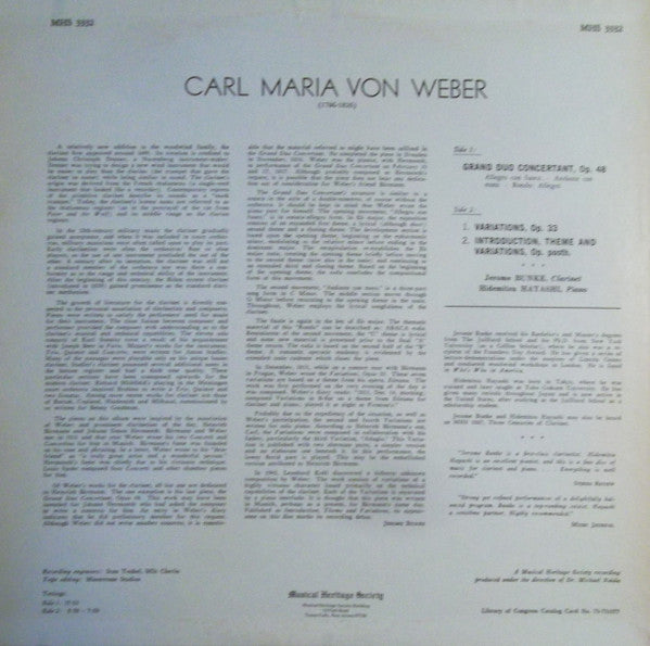 Carl Maria von Weber ,  Jerome Bunke, Hidemitsu Hayashi : Music For Clarinet And Piano (LP)