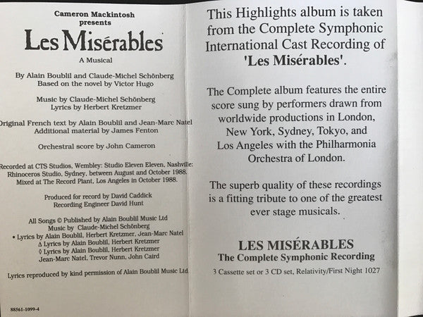 Alain Boublil & Claude-Michel Schönberg : Highlights From Les Misérables:  The International Cast Recording (Cass, Album)