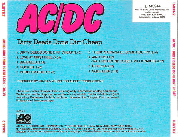 AC/DC : Dirty Deeds Done Dirt Cheap (CD, Album, Club, RE, BMG)