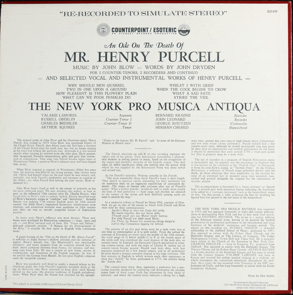 John Blow, John Dryden, Henry Purcell, The New York Pro Musica Antiqua : An Ode On The Death Of Mr. Henry Purcell (LP, Album, RE, ''R)
