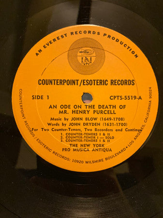 John Blow, John Dryden, Henry Purcell, The New York Pro Musica Antiqua : An Ode On The Death Of Mr. Henry Purcell (LP, Album, RE, ''R)