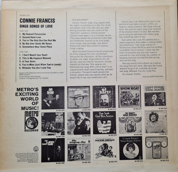 Connie Francis : Sings Songs Of Love (LP, Comp)