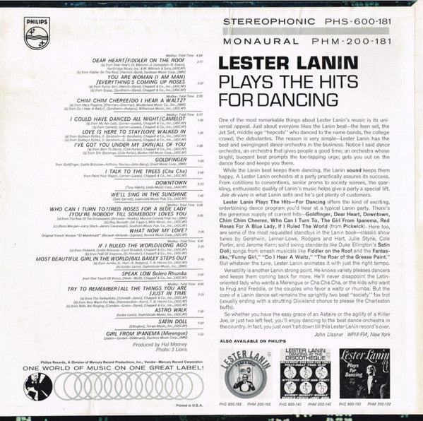 Lester Lanin : Lester Lanin Plays The Hits For Dancing (LP, Mono)
