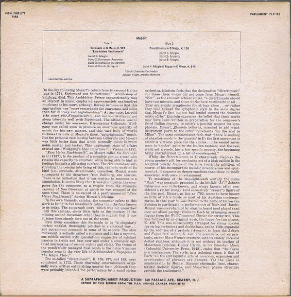 Wolfgang Amadeus Mozart, Czech Chamber Orchestra, Josef Vlach : Eine Kleine Nachtmusik - Divertimento In D Major - Adagio And Fugue In C Major (LP, Mono)