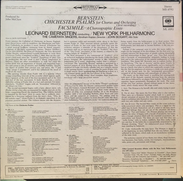 Leonard Bernstein, The New York Philharmonic Orchestra, John Bogart, Camerata Singers, Abraham Kaplan : Chichester Psalms for Chorus and Orchestra / Facsimile - A Choreographic Essay (LP, Album)