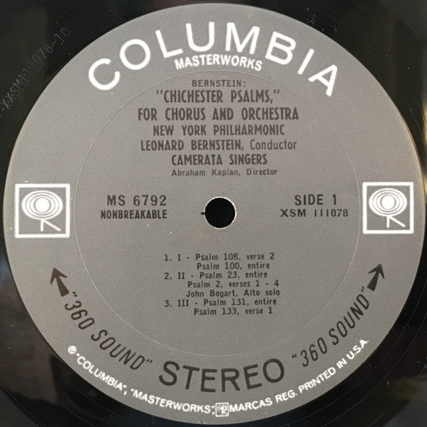 Leonard Bernstein, The New York Philharmonic Orchestra, John Bogart, Camerata Singers, Abraham Kaplan : Chichester Psalms for Chorus and Orchestra / Facsimile - A Choreographic Essay (LP, Album)