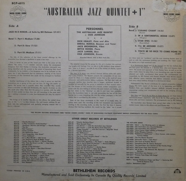 The Australian Jazz Quintet + Osie Johnson : Australian Jazz Quintet +1 (LP, Mono)