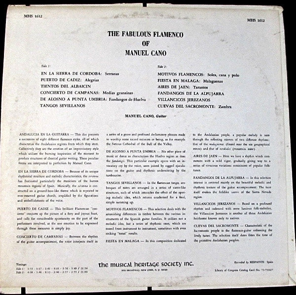Manuel Cano : The Fabulous Flamenco Of Manuel Cano (LP)