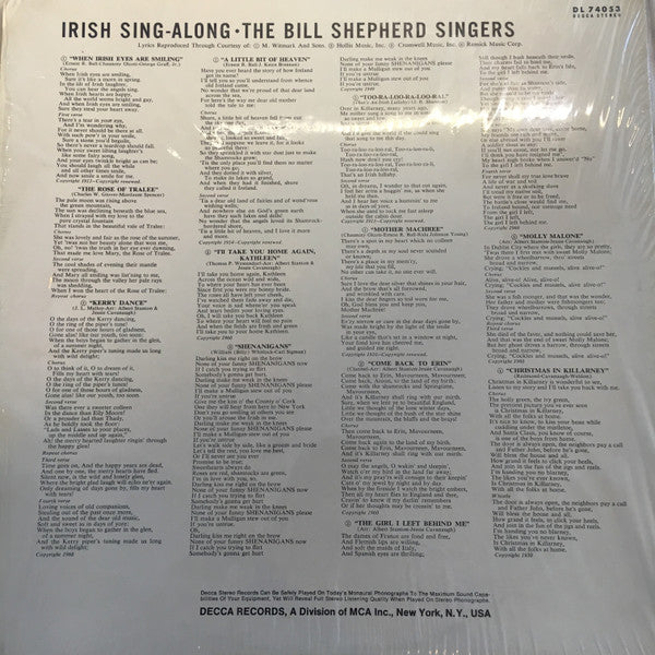 The Bill Shepherd Singers : Irish Sing-Along (LP, Album, RP)