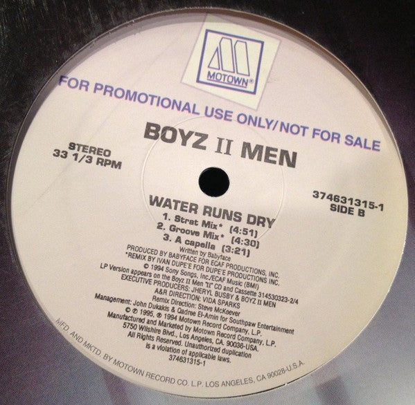 Boyz II Men : Water Runs Dry (12", Promo)