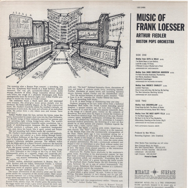 Frank Loesser Played By Arthur Fiedler And The Boston Pops Orchestra : Music From: Guys & Dolls / Greenwillow / The Most Happiest Fella / Hans Christian Anderson / Where’s Charley? (LP, Comp, Roc)