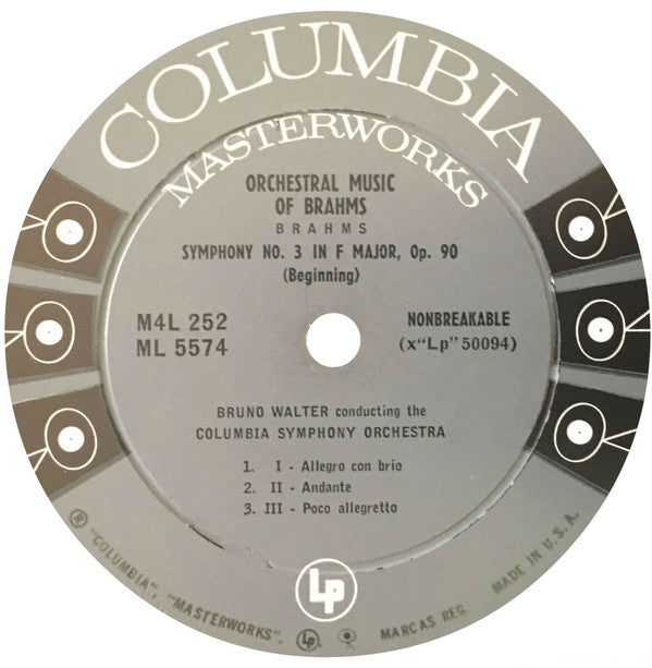 Johannes Brahms - Bruno Walter, Columbia Symphony Orchestra : Symphony No. 3 In F Major / Variations On A Theme By Haydn (LP, Album, Mono)