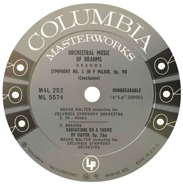 Johannes Brahms - Bruno Walter, Columbia Symphony Orchestra : Symphony No. 3 In F Major / Variations On A Theme By Haydn (LP, Album, Mono)