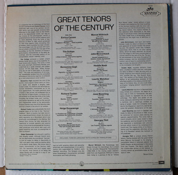 Enrico Caruso, Tito Schipa, Beniamino Gigli, Richard Tauber, Helge Roswaenge, Marcel Wittrisch, John McCormack (2), Heddle Nash, Lauritz Melchior, Jussi Björling, Georges Thill : Great Tenors Of The Century (LP, Comp)