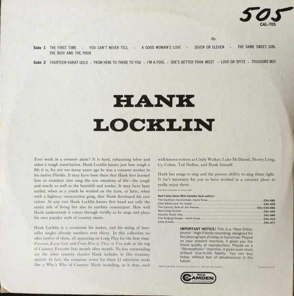 Hank Locklin : Hank Locklin (LP, Mono, Roc)