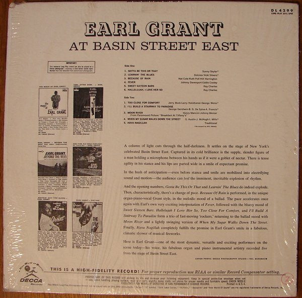 Earl Grant : Earl Grant At Basin Street East (LP, Album, Mono, Glo)