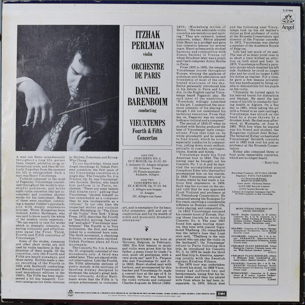 Henri Vieuxtemps / Itzhak Perlman, Orchestre De Paris : Daniel Barenboim : Violin Concertos No. 4 In D Minor / No. 5 In A Minor (LP)
